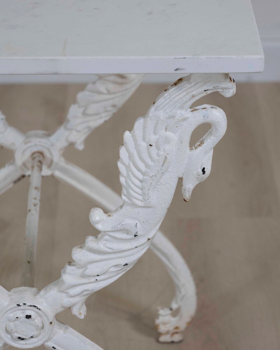 French Antique Painted Iron Swan Motif Table with Carrara Marble - JAA