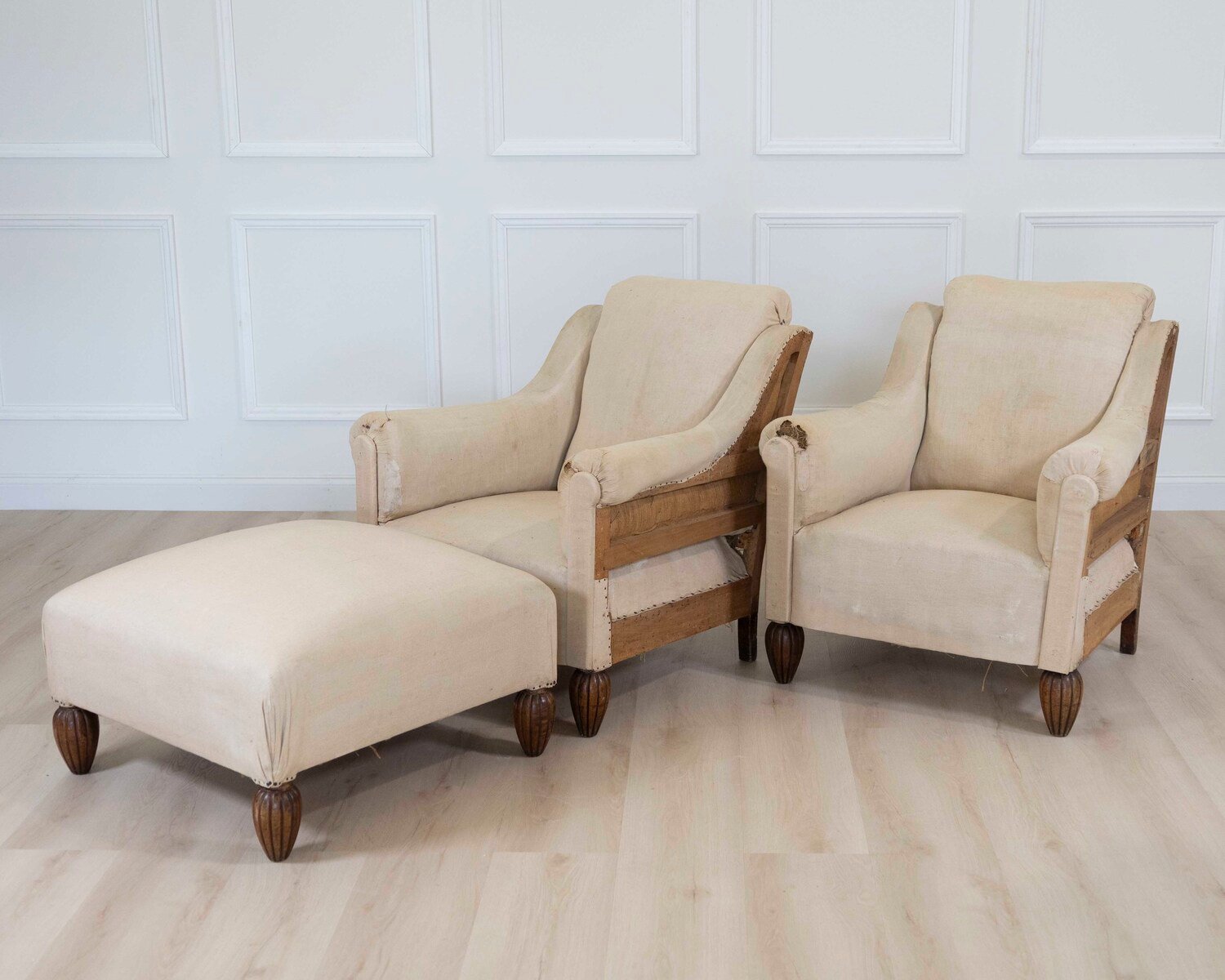 Pair of 20th Century Art Deco Club Chairs with Matching Stool, Ready to Upholster - JAA