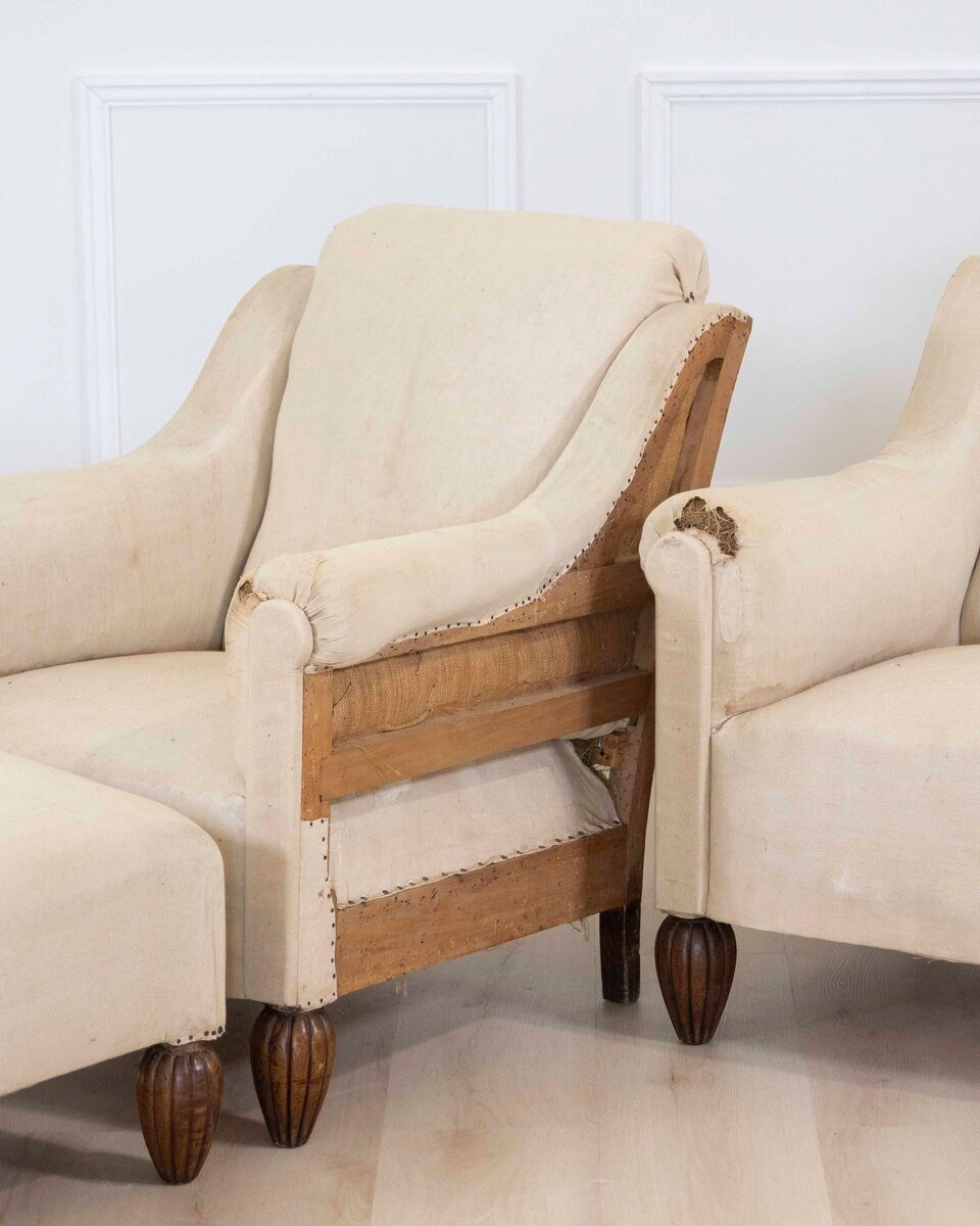 Pair of 20th Century Art Deco Club Chairs with Matching Stool, Ready to Upholster - JAA