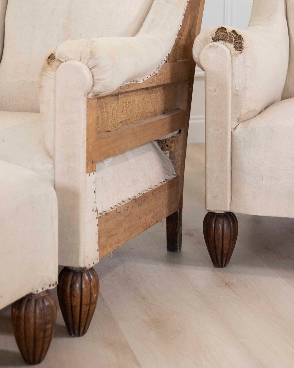 Pair of 20th Century Art Deco Club Chairs with Matching Stool, Ready to Upholster - JAA