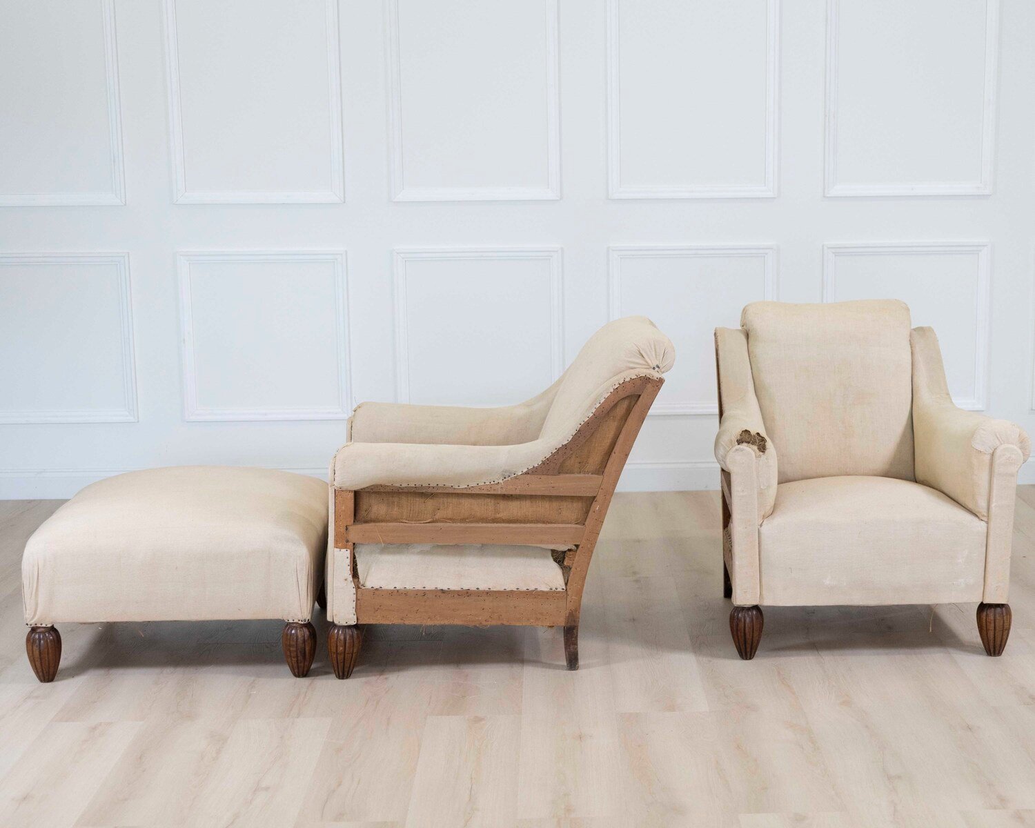 Pair of 20th Century Art Deco Club Chairs with Matching Stool, Ready to Upholster - JAA