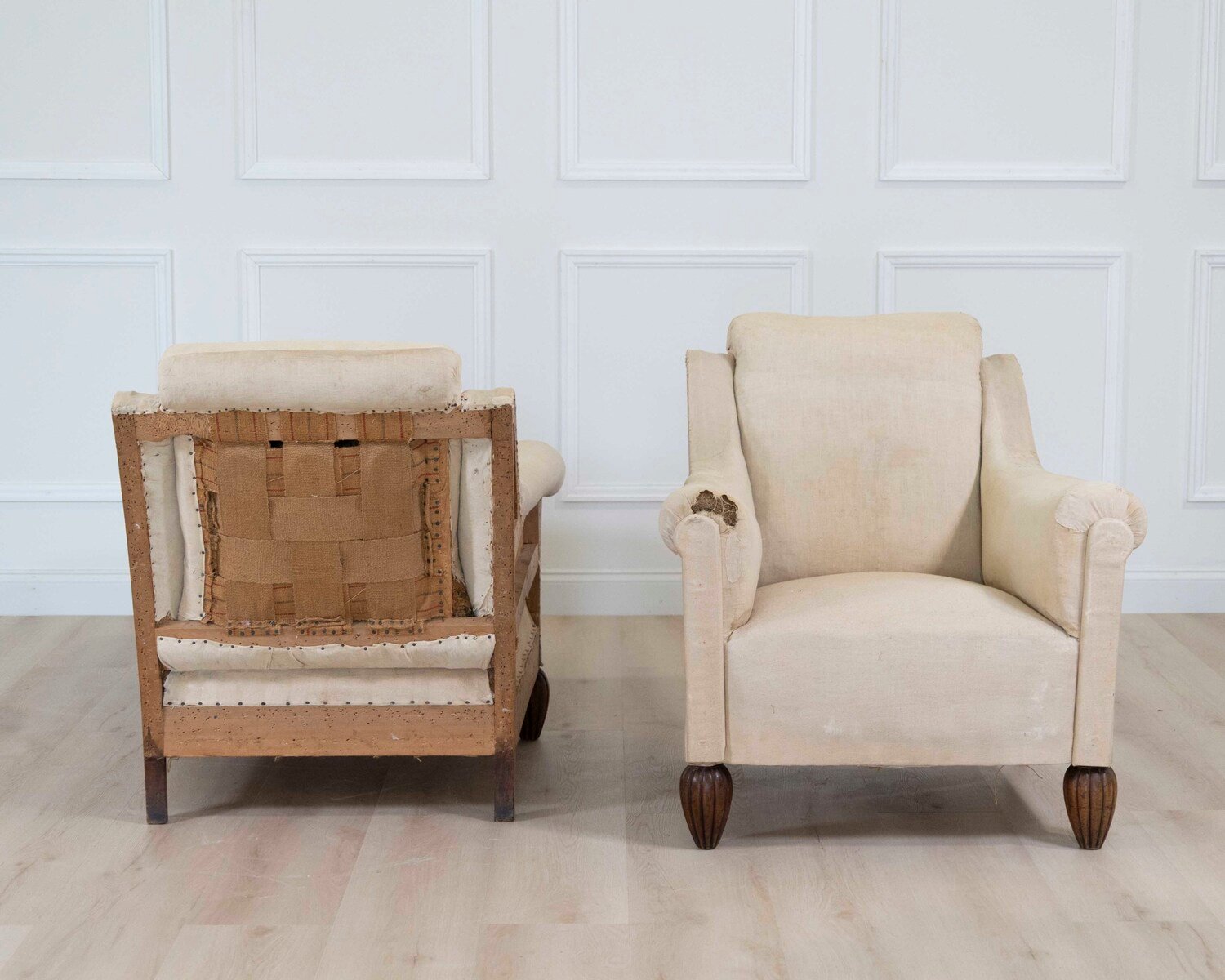 Pair of 20th Century Art Deco Club Chairs with Matching Stool, Ready to Upholster - JAA