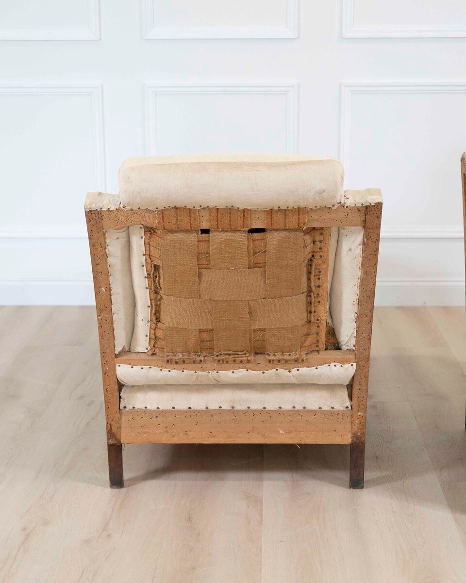 Pair of 20th Century Art Deco Club Chairs with Matching Stool, Ready to Upholster - JAA