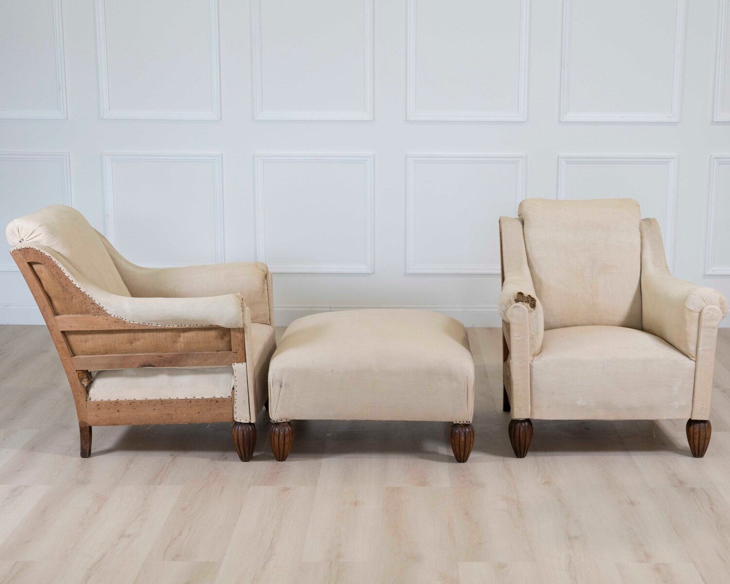 Pair of 20th Century Art Deco Club Chairs with Matching Stool, Ready to Upholster - JAA