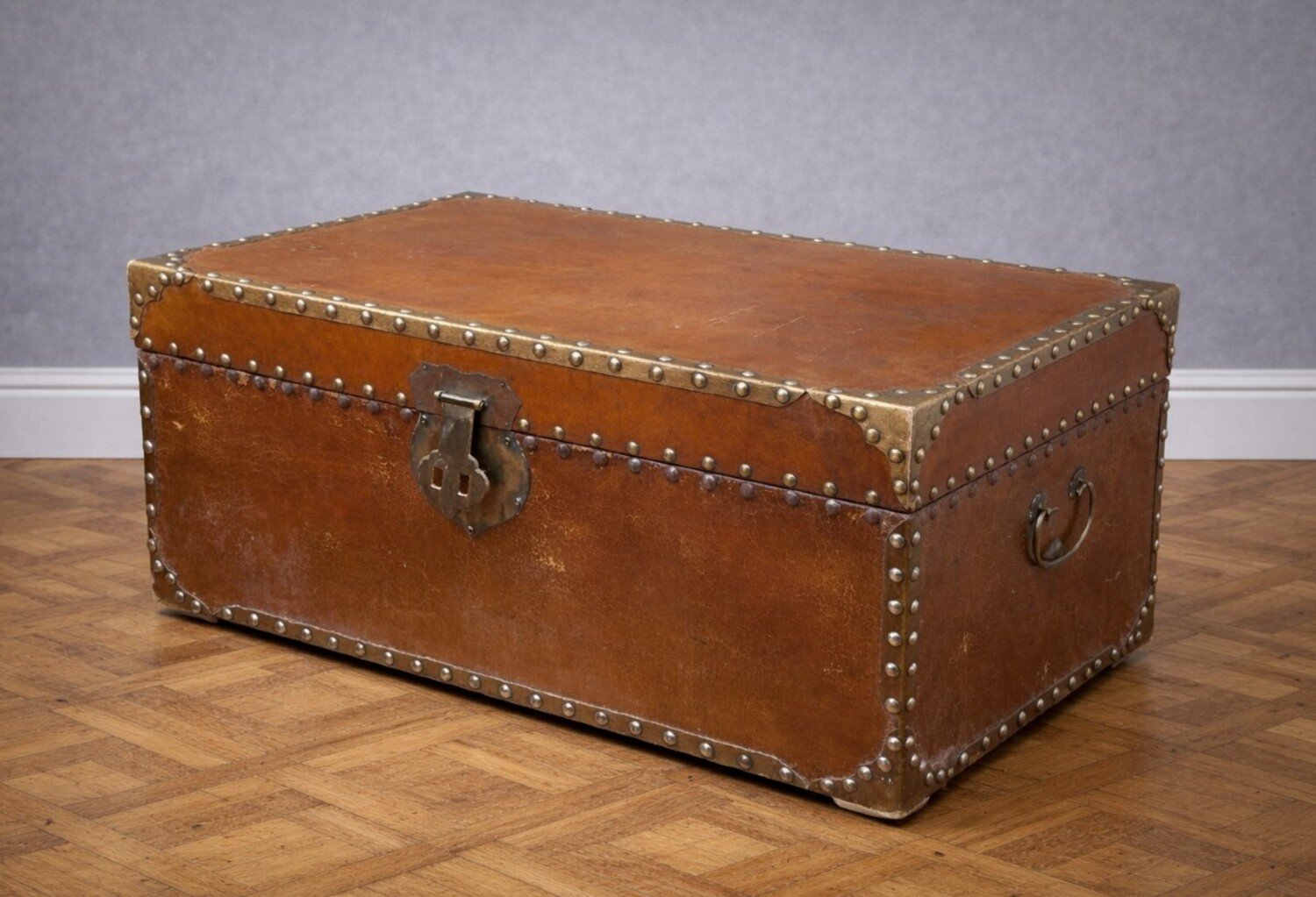 Antique Leather-Lined Trunk – Brass Studs and Fittings - JAA