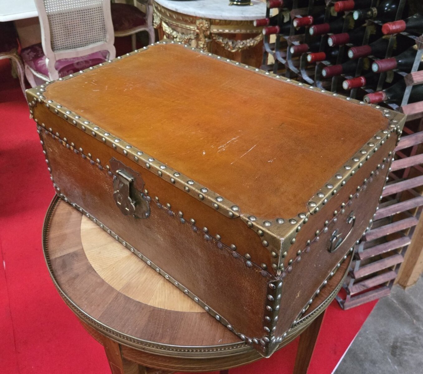 Antique Leather-Lined Trunk – Brass Studs and Fittings - JAA