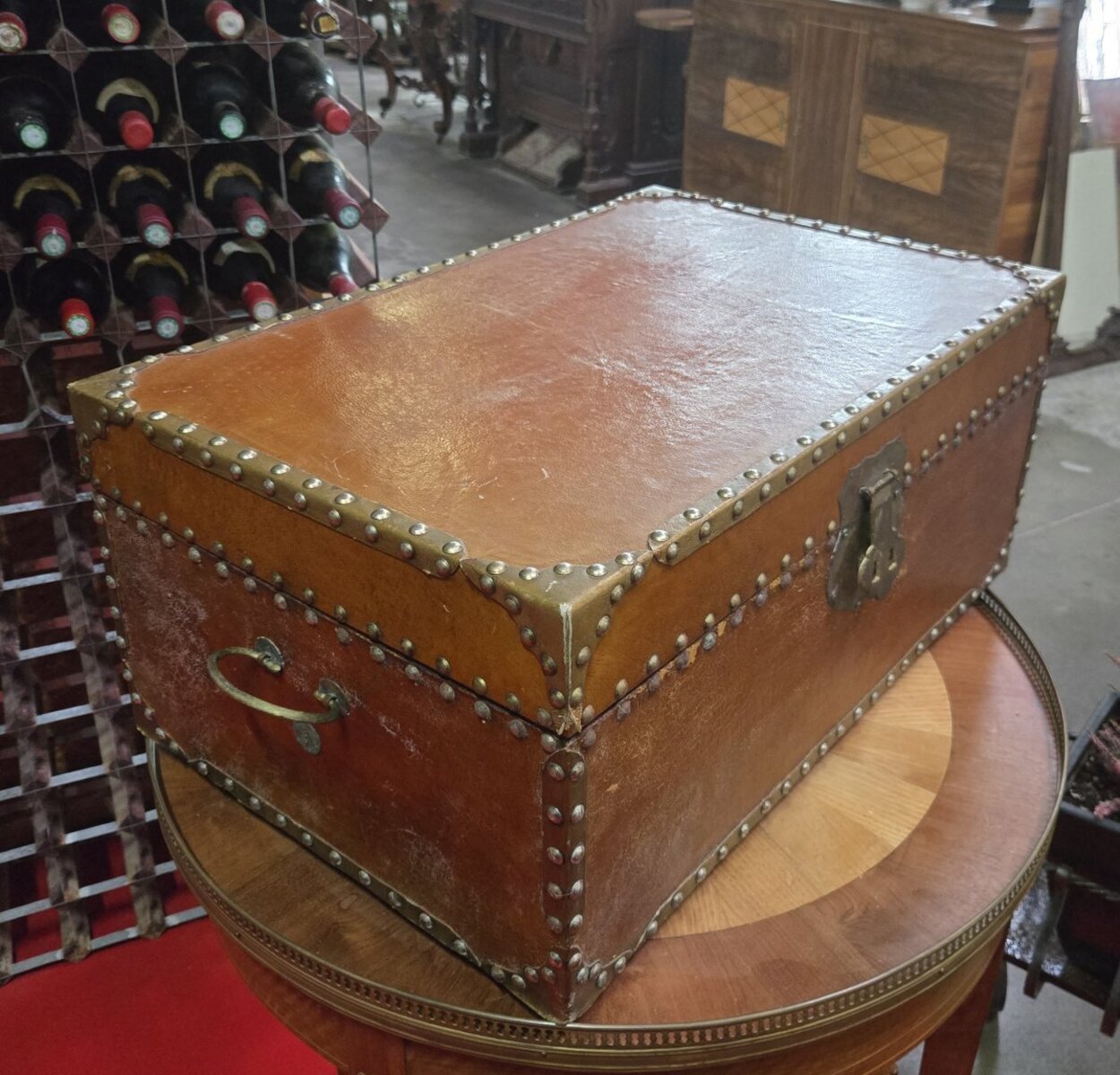 Antique Leather-Lined Trunk – Brass Studs and Fittings - JAA