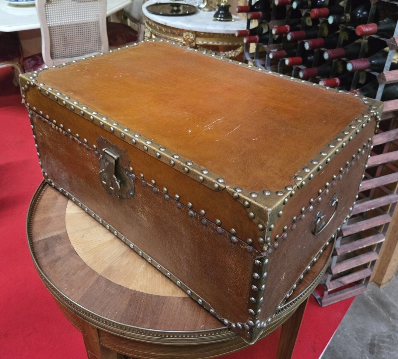 Antique Leather-Lined Trunk – Brass Studs and Fittings - JAA