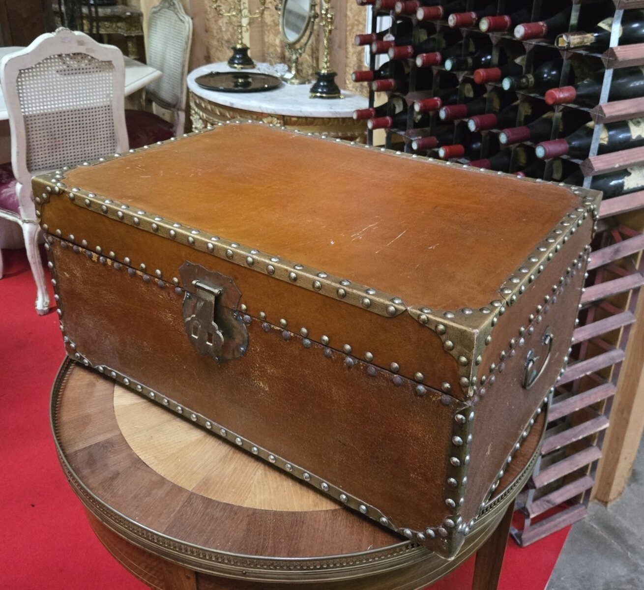 Antique Leather-Lined Trunk – Brass Studs and Fittings - JAA