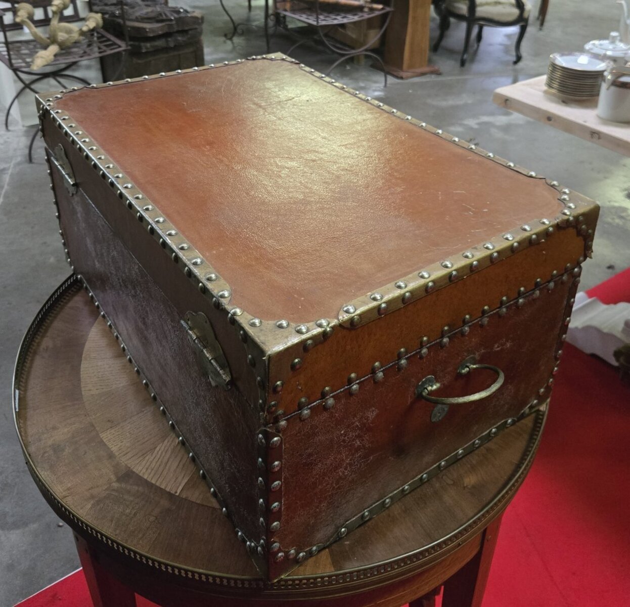 Antique Leather-Lined Trunk – Brass Studs and Fittings - JAA