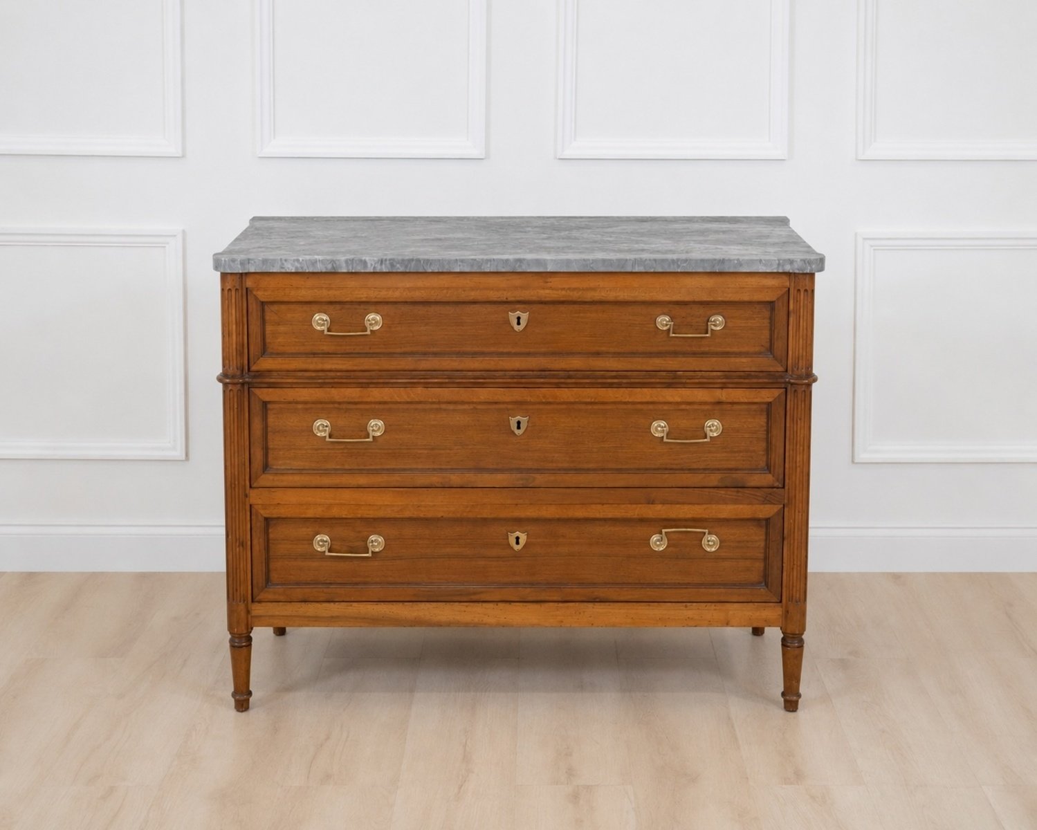 French 18th Century Louis XVI Walnut Marble-Top Chest of Drawers - JAA