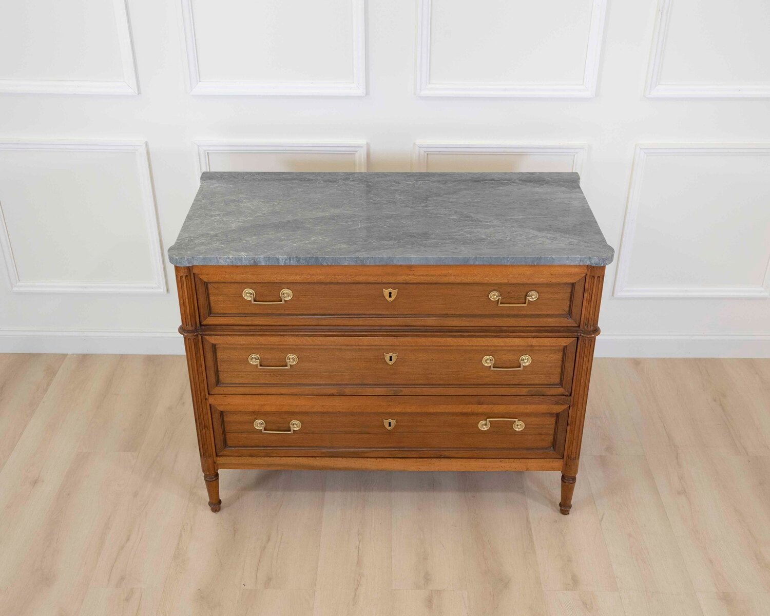 French 18th Century Louis XVI Walnut Marble-Top Chest of Drawers - JAA