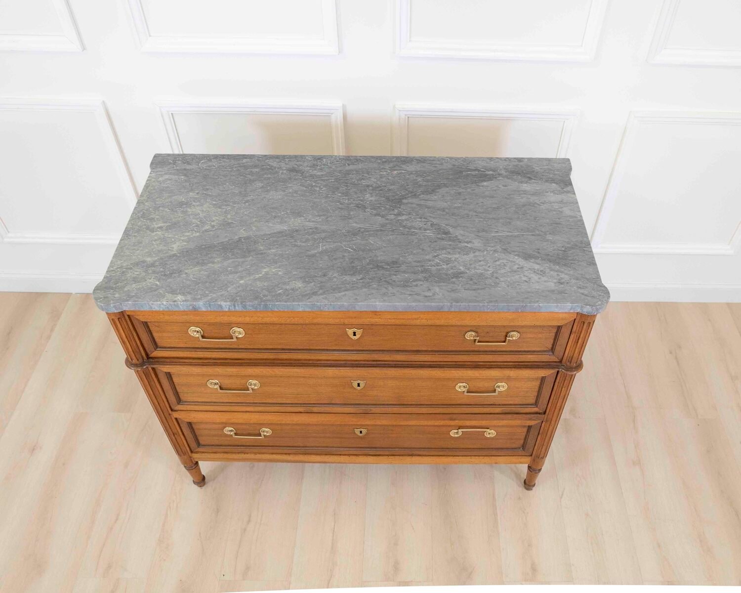 French 18th Century Louis XVI Walnut Marble-Top Chest of Drawers - JAA