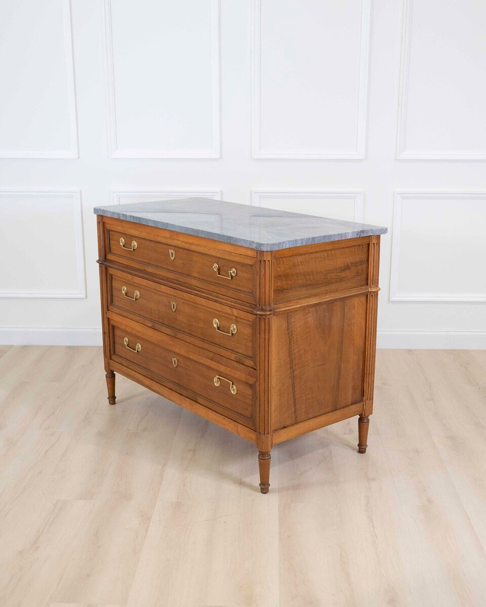 French 18th Century Louis XVI Walnut Marble-Top Chest of Drawers - JAA
