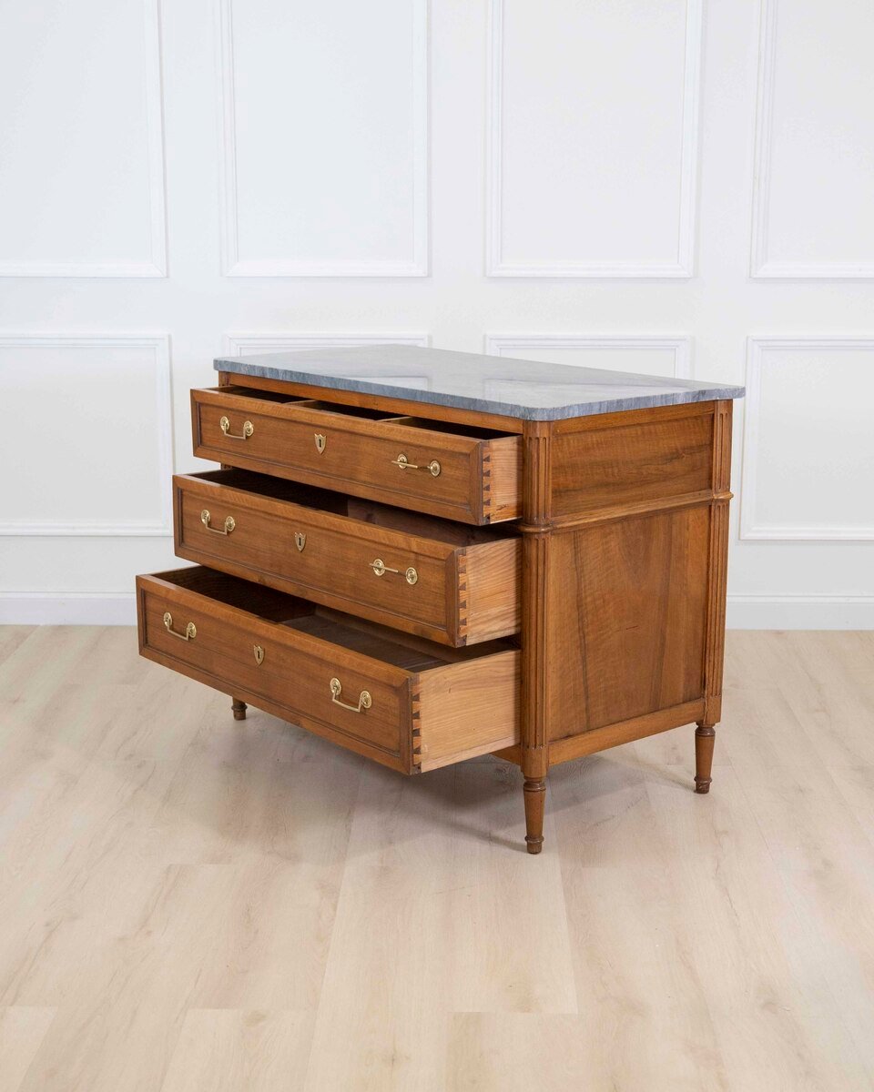 French 18th Century Louis XVI Walnut Marble-Top Chest of Drawers - JAA