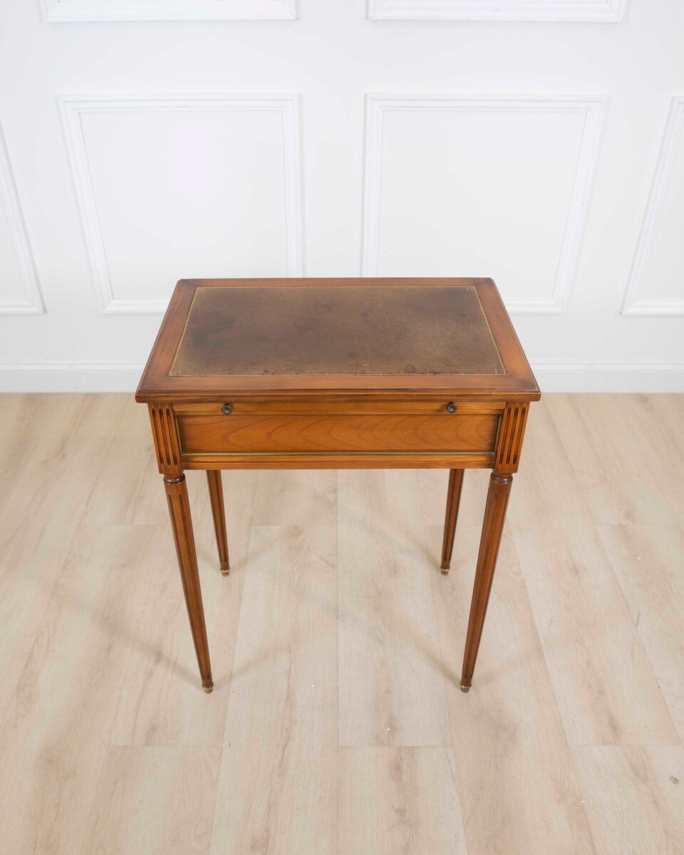 French 20th Century Louis XVI Style Cherrywood Side Table with Leather Top - JAA