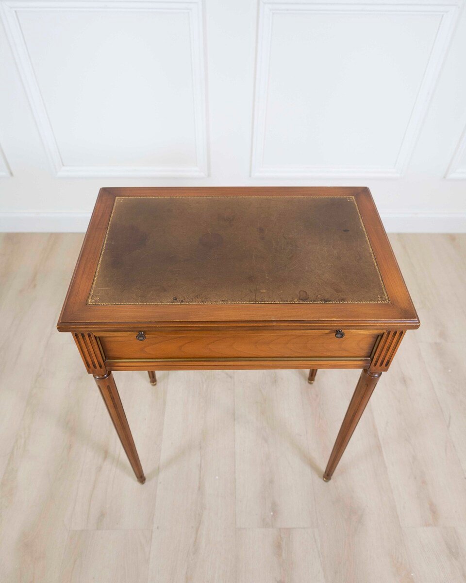French 20th Century Louis XVI Style Cherrywood Side Table with Leather Top - JAA