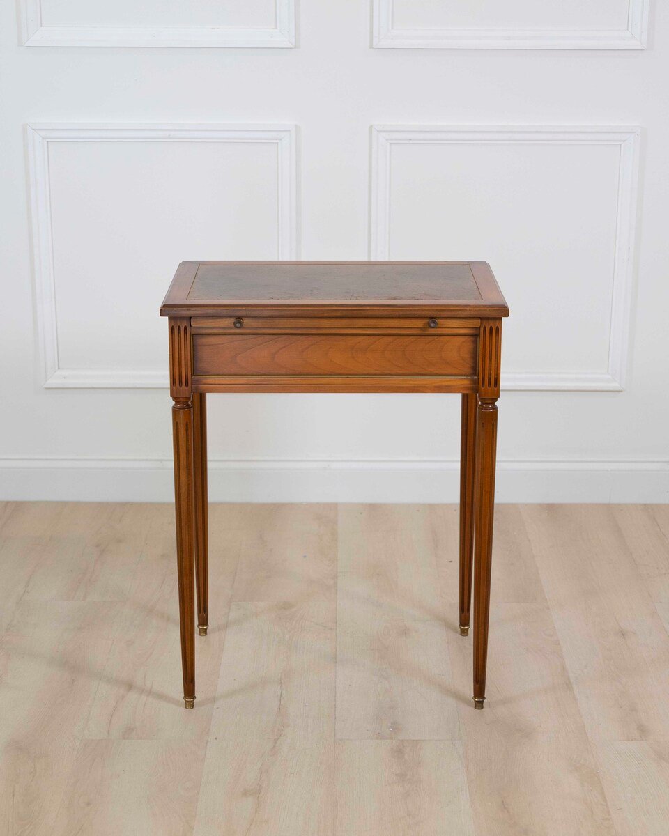 French 20th Century Louis XVI Style Cherrywood Side Table with Leather Top - JAA