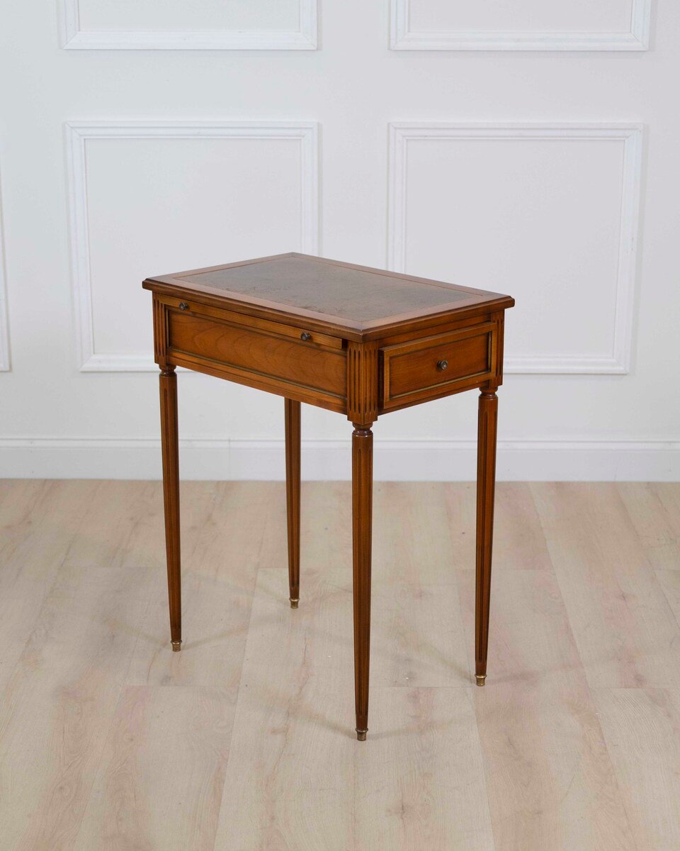French 20th Century Louis XVI Style Cherrywood Side Table with Leather Top - JAA