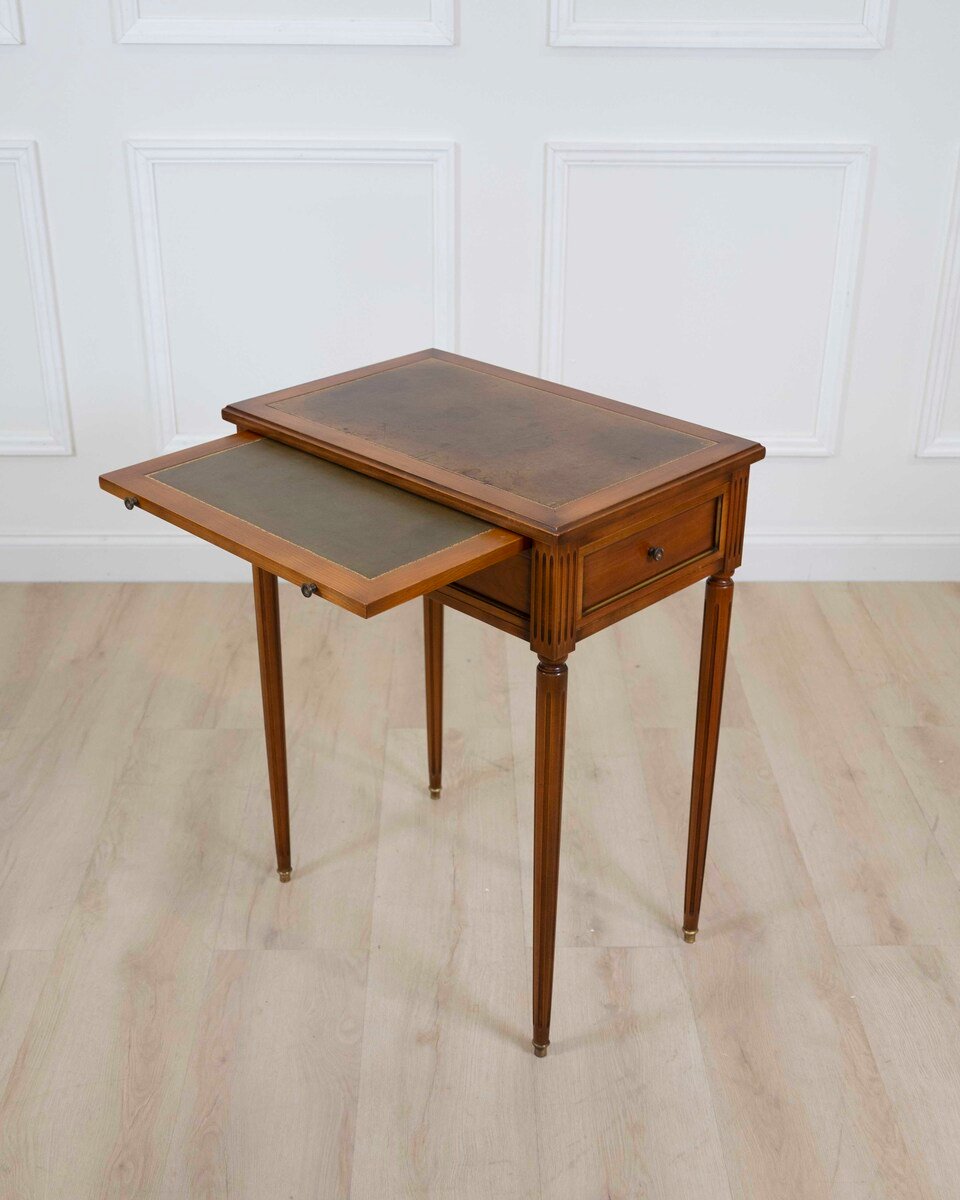 French 20th Century Louis XVI Style Cherrywood Side Table with Leather Top - JAA