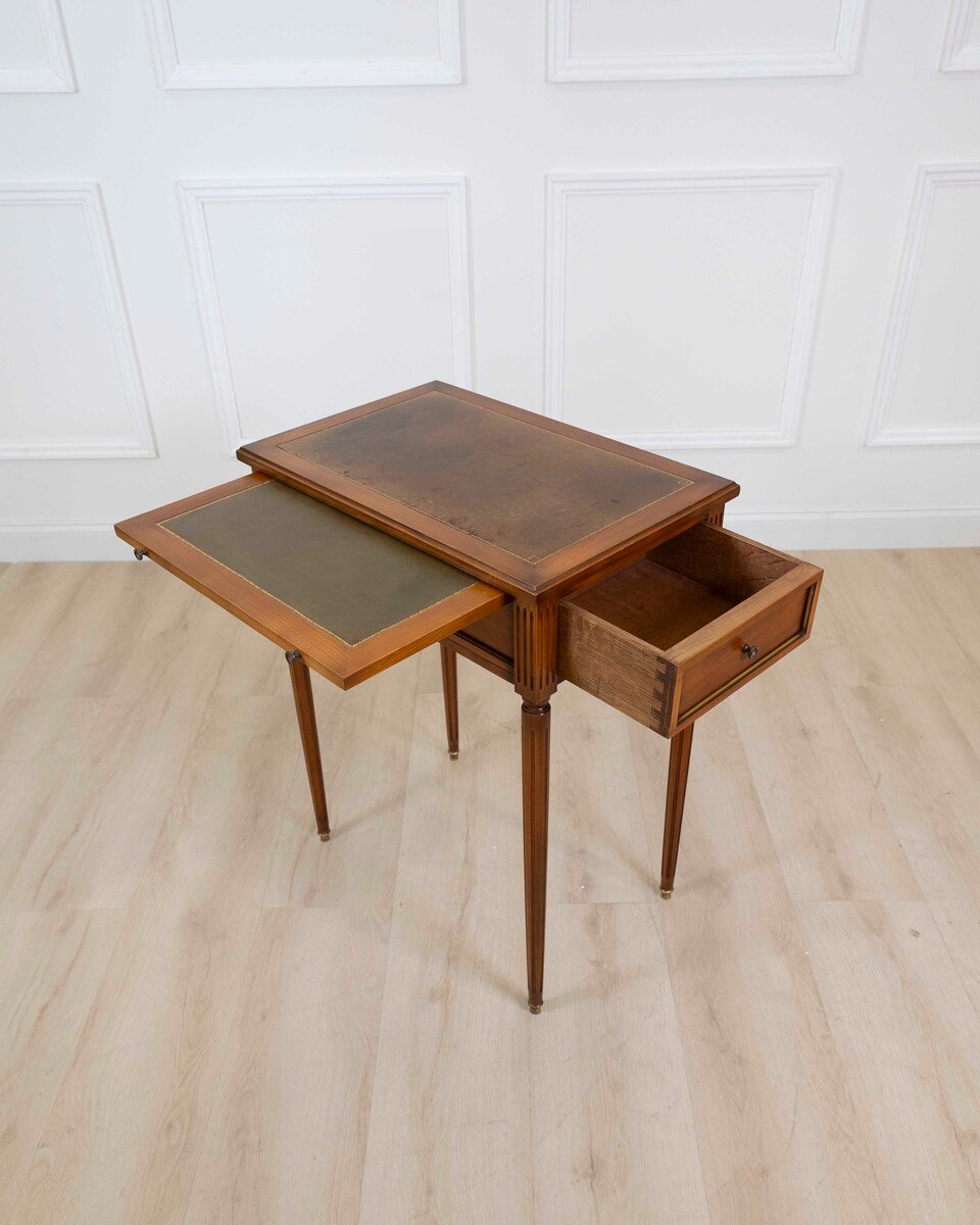 French 20th Century Louis XVI Style Cherrywood Side Table with Leather Top - JAA