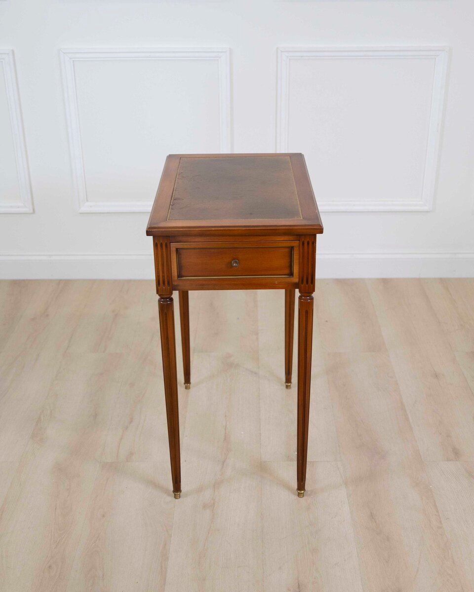 French 20th Century Louis XVI Style Cherrywood Side Table with Leather Top - JAA