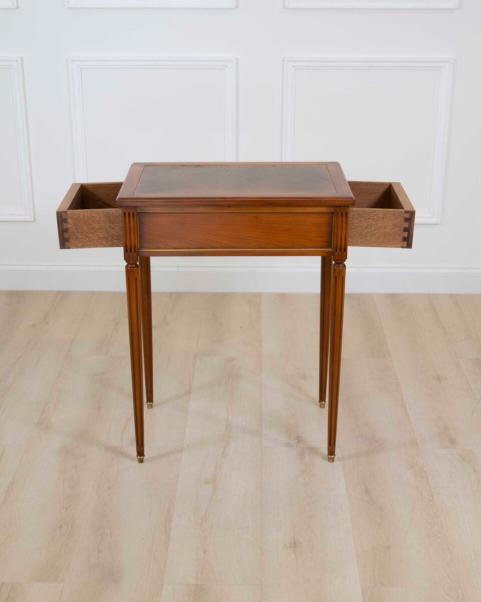 French 20th Century Louis XVI Style Cherrywood Side Table with Leather Top - JAA