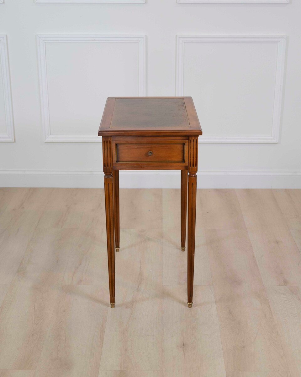 French 20th Century Louis XVI Style Cherrywood Side Table with Leather Top - JAA