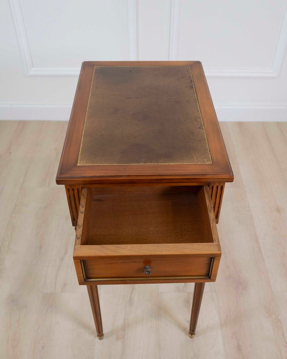 French 20th Century Louis XVI Style Cherrywood Side Table with Leather Top - JAA