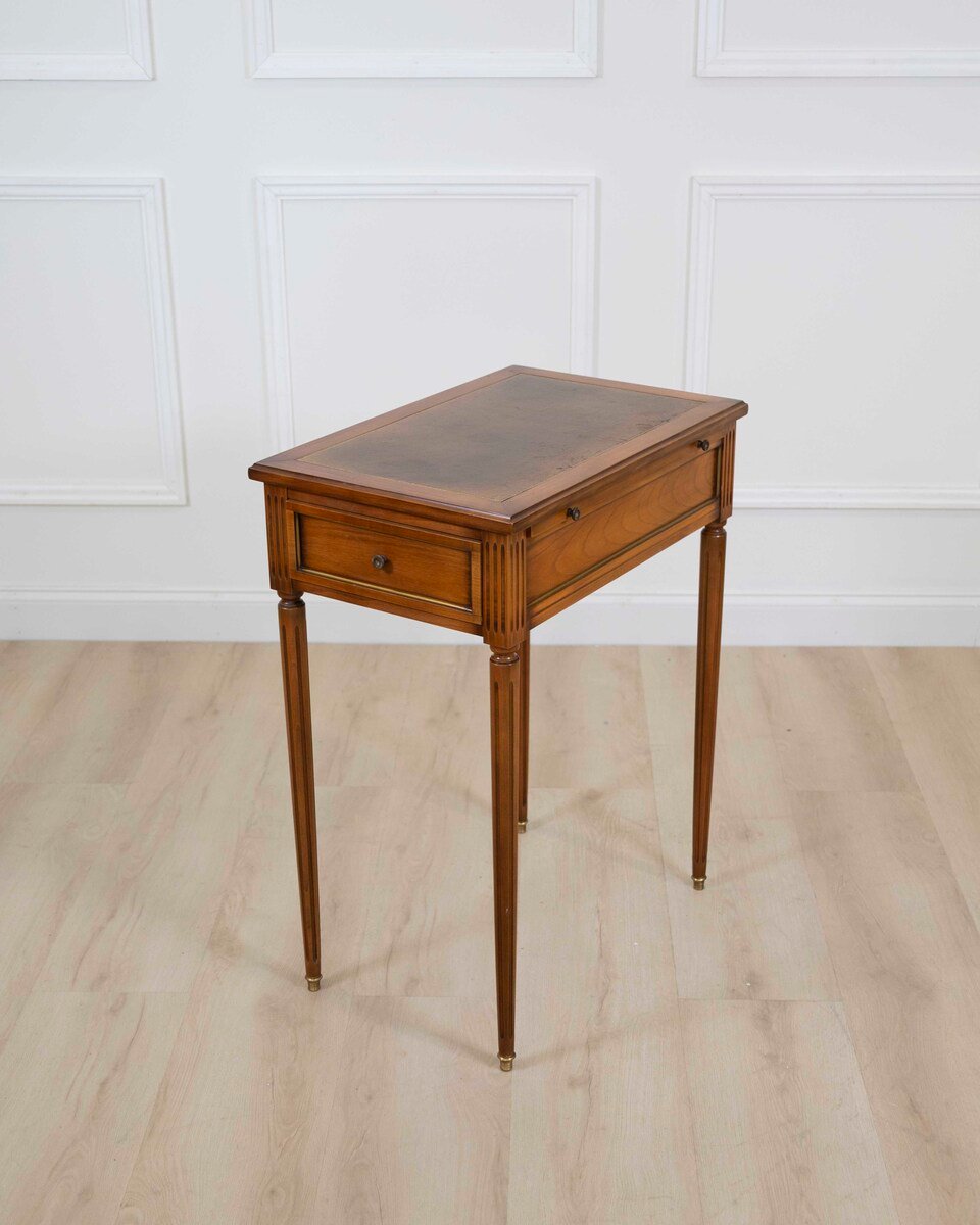 French 20th Century Louis XVI Style Cherrywood Side Table with Leather Top - JAA