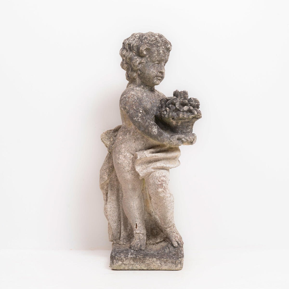 Italian 20th Century Reconstituted Stone Garden Statue of a Child Holding a Basket of Flowers - JAA