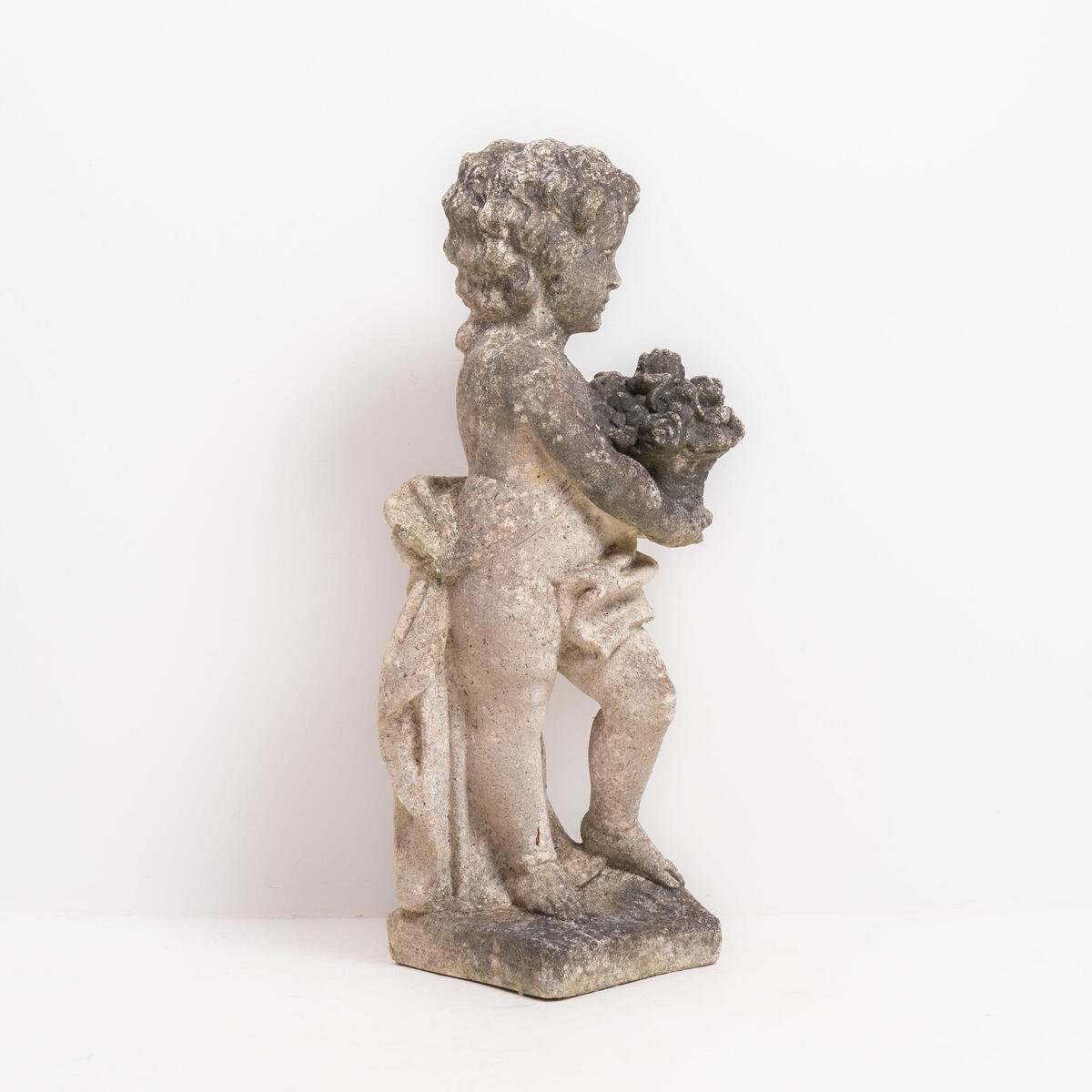 Italian 20th Century Reconstituted Stone Garden Statue of a Child Holding a Basket of Flowers - JAA