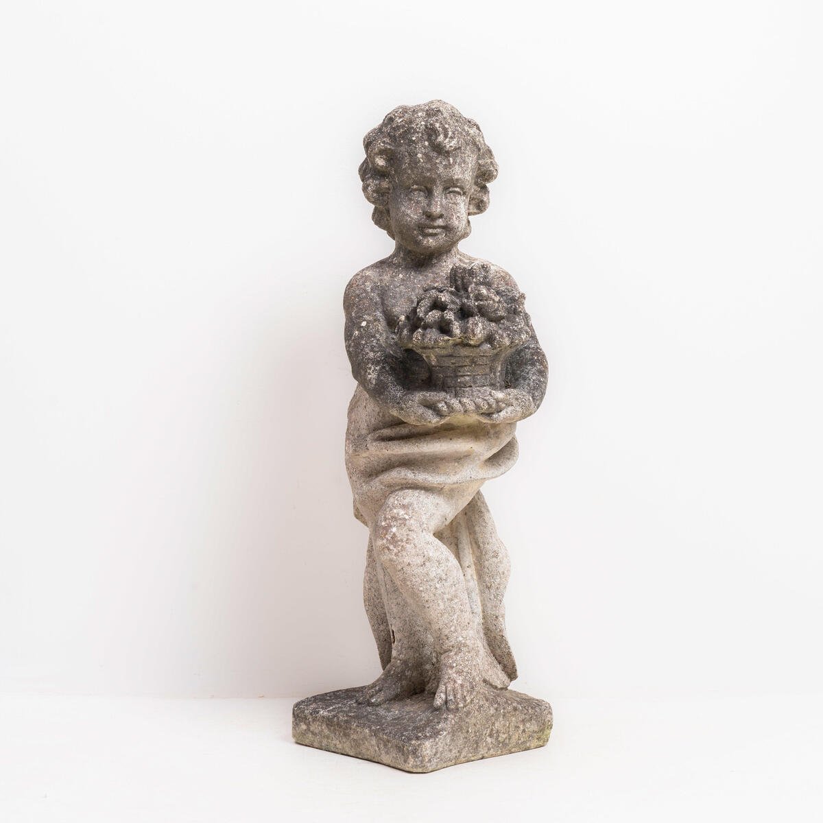 Italian 20th Century Reconstituted Stone Garden Statue of a Child Holding a Basket of Flowers - JAA