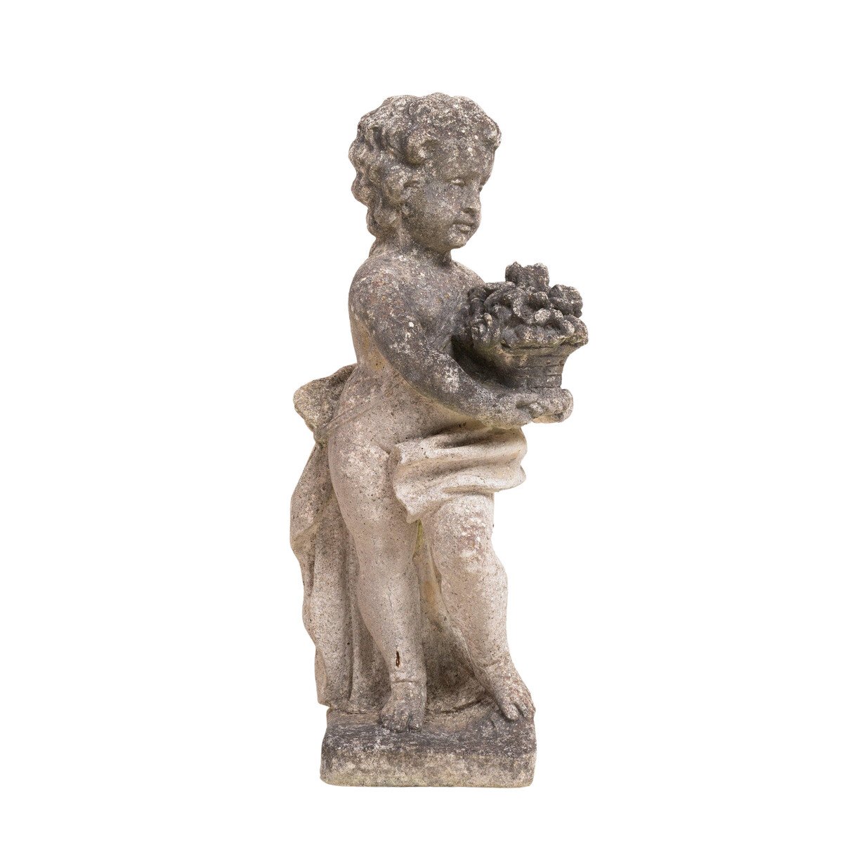 Italian 20th Century Reconstituted Stone Garden Statue of a Child Holding a Basket of Flowers - JAA
