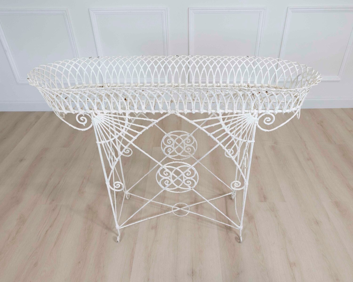 A high quality Victorian wirework plant stand with basket design upper tray and very decorative supports - JAA