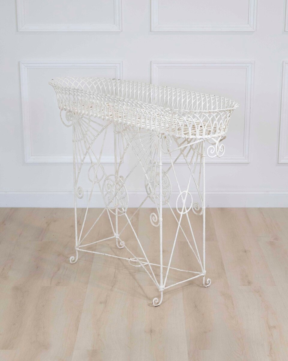 A high quality Victorian wirework plant stand with basket design upper tray and very decorative supports - JAA