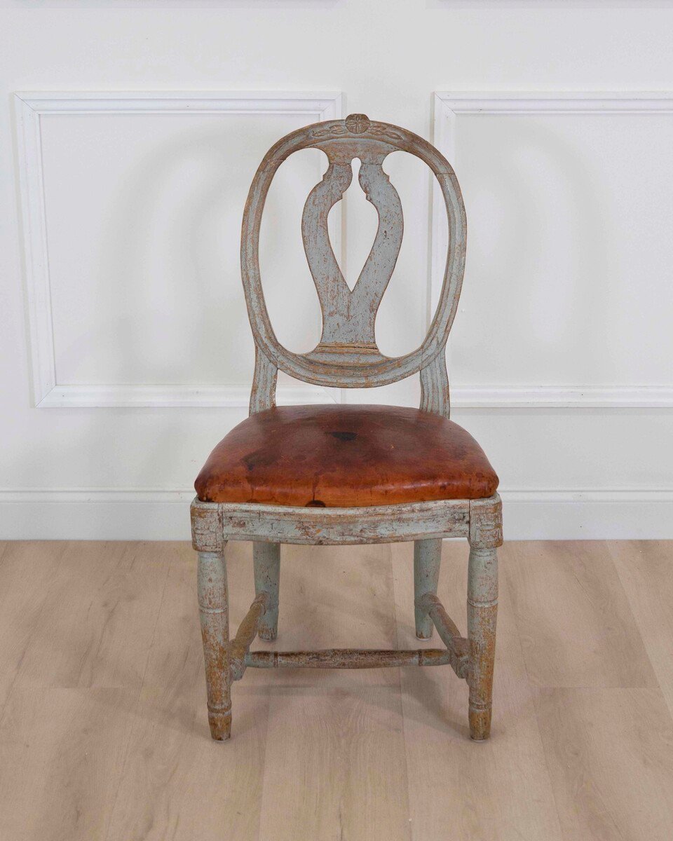 18th Century Swedish Gustavian Chair with Original Paint and Leather Seat - JAA