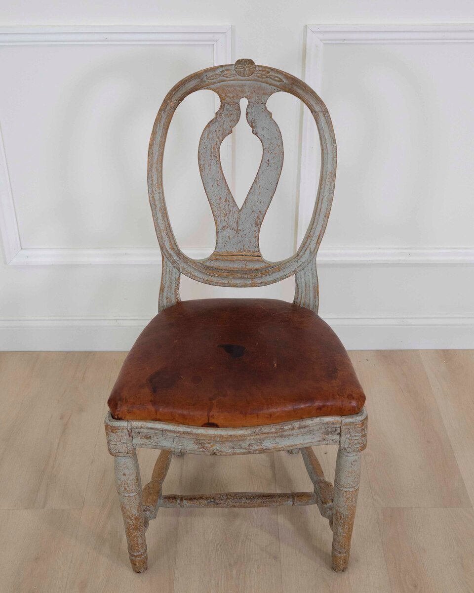 18th Century Swedish Gustavian Chair with Original Paint and Leather Seat - JAA