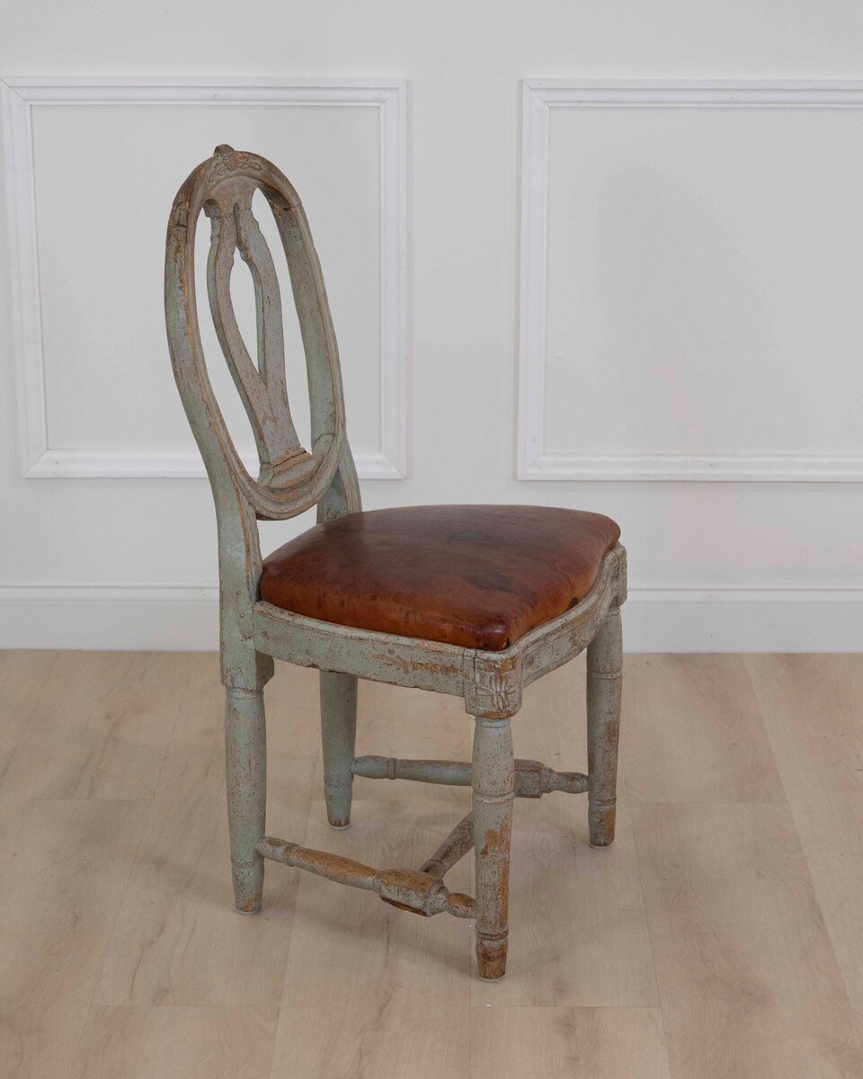 18th Century Swedish Gustavian Chair with Original Paint and Leather Seat - JAA