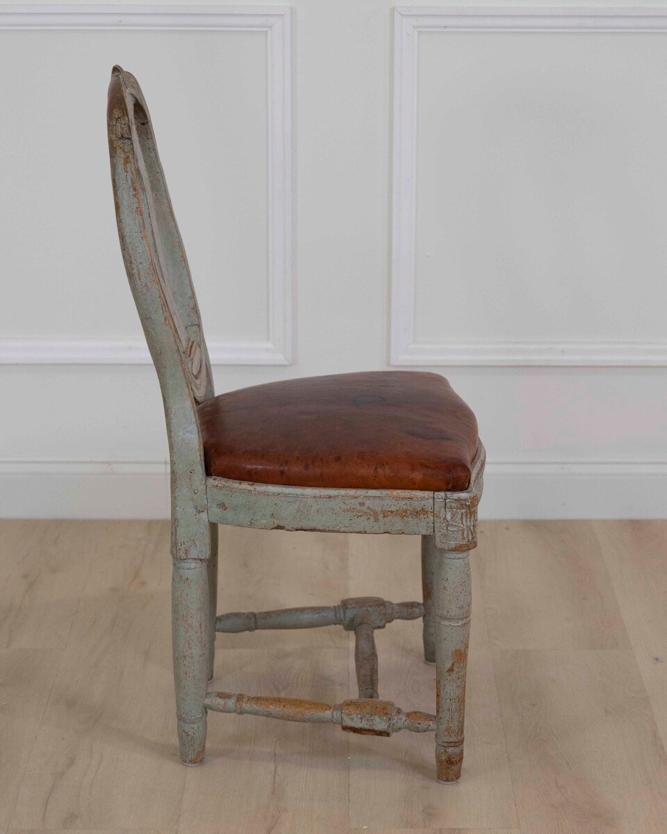 18th Century Swedish Gustavian Chair with Original Paint and Leather Seat - JAA