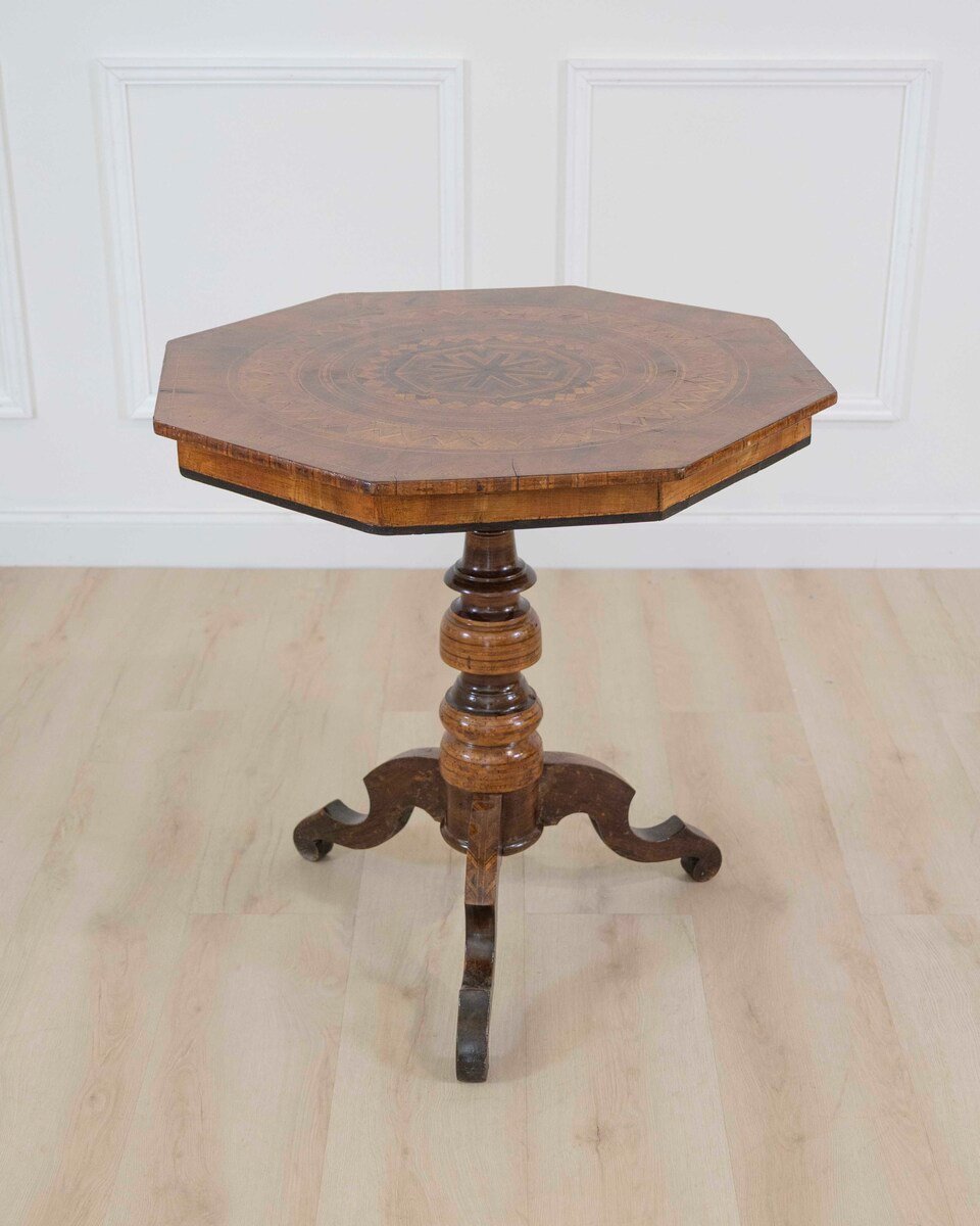 Italian 19th Century Marquetry Octagonal Pedestal Table - JAA
