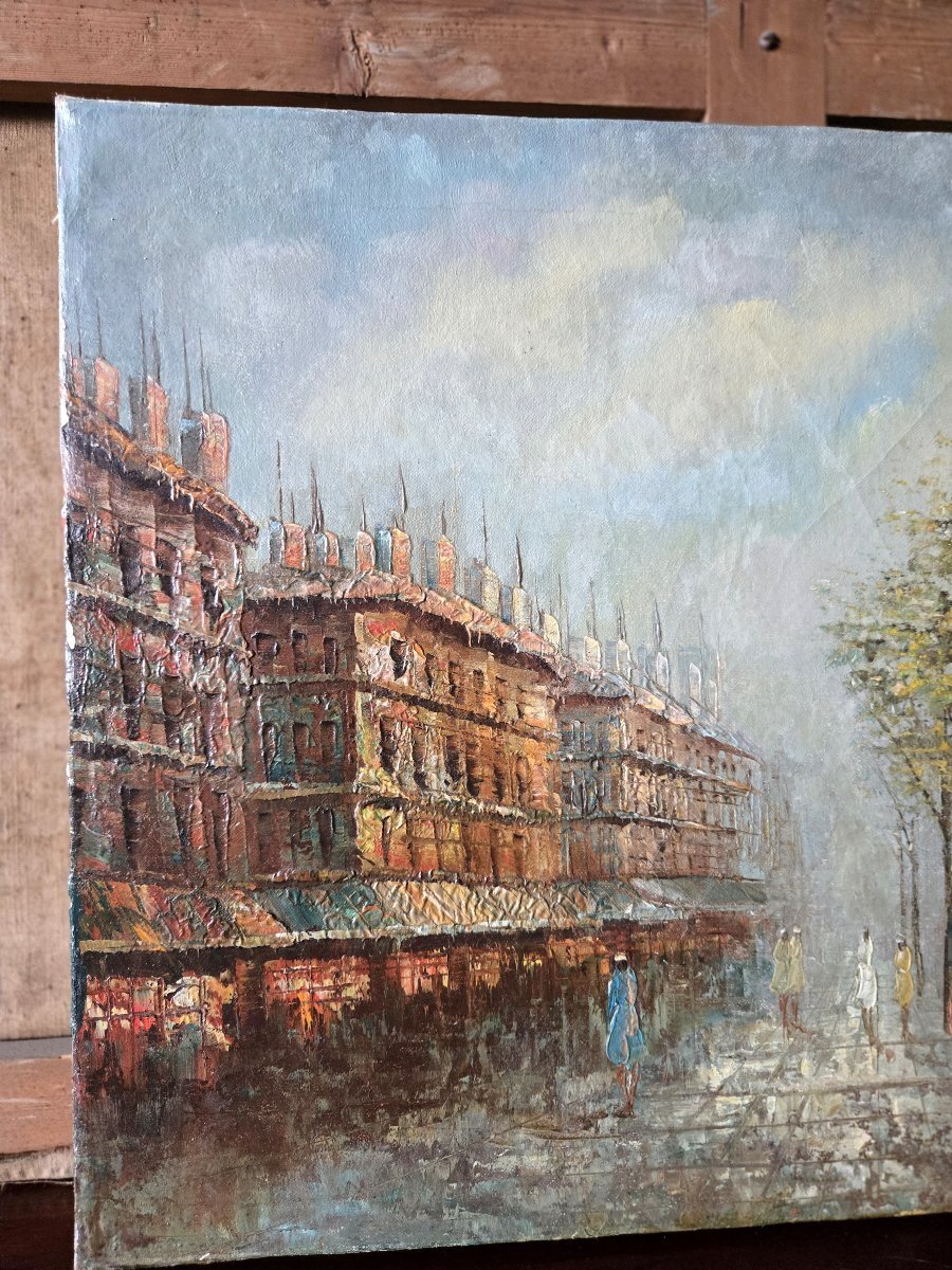 Charming oil on canvas depicting a lively urban scene in a modern figurative style - JAA