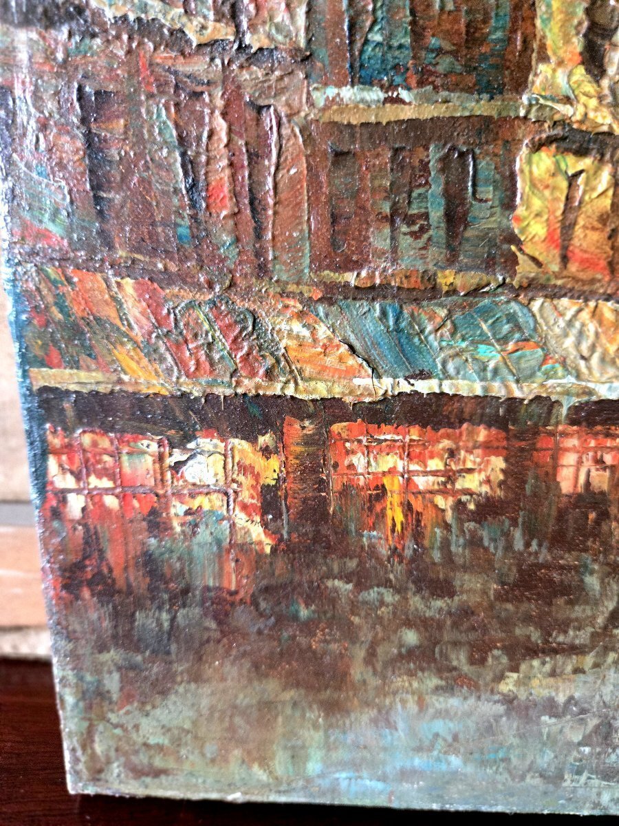 Charming oil on canvas depicting a lively urban scene in a modern figurative style - JAA