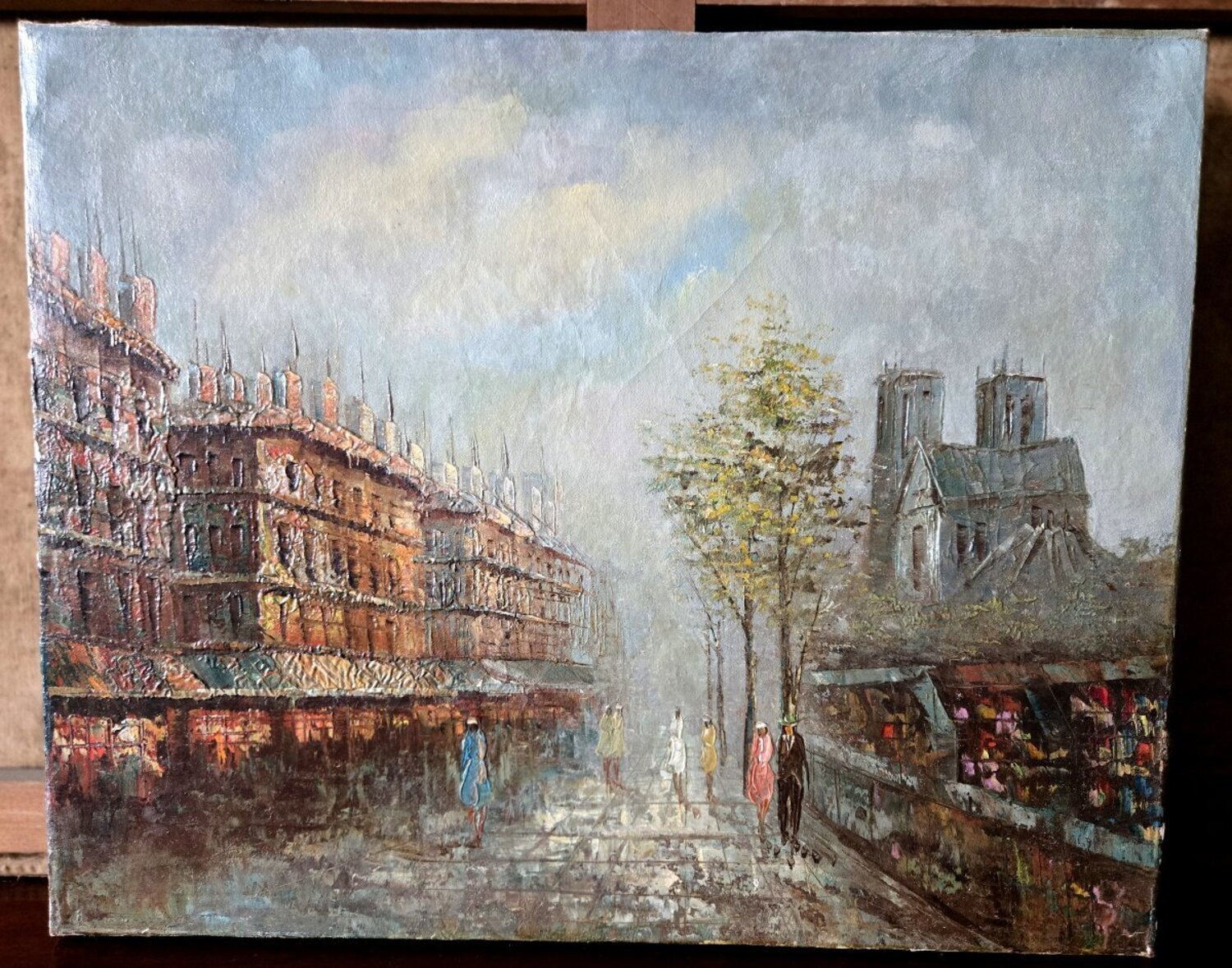 Charming oil on canvas depicting a lively urban scene in a modern figurative style - JAA