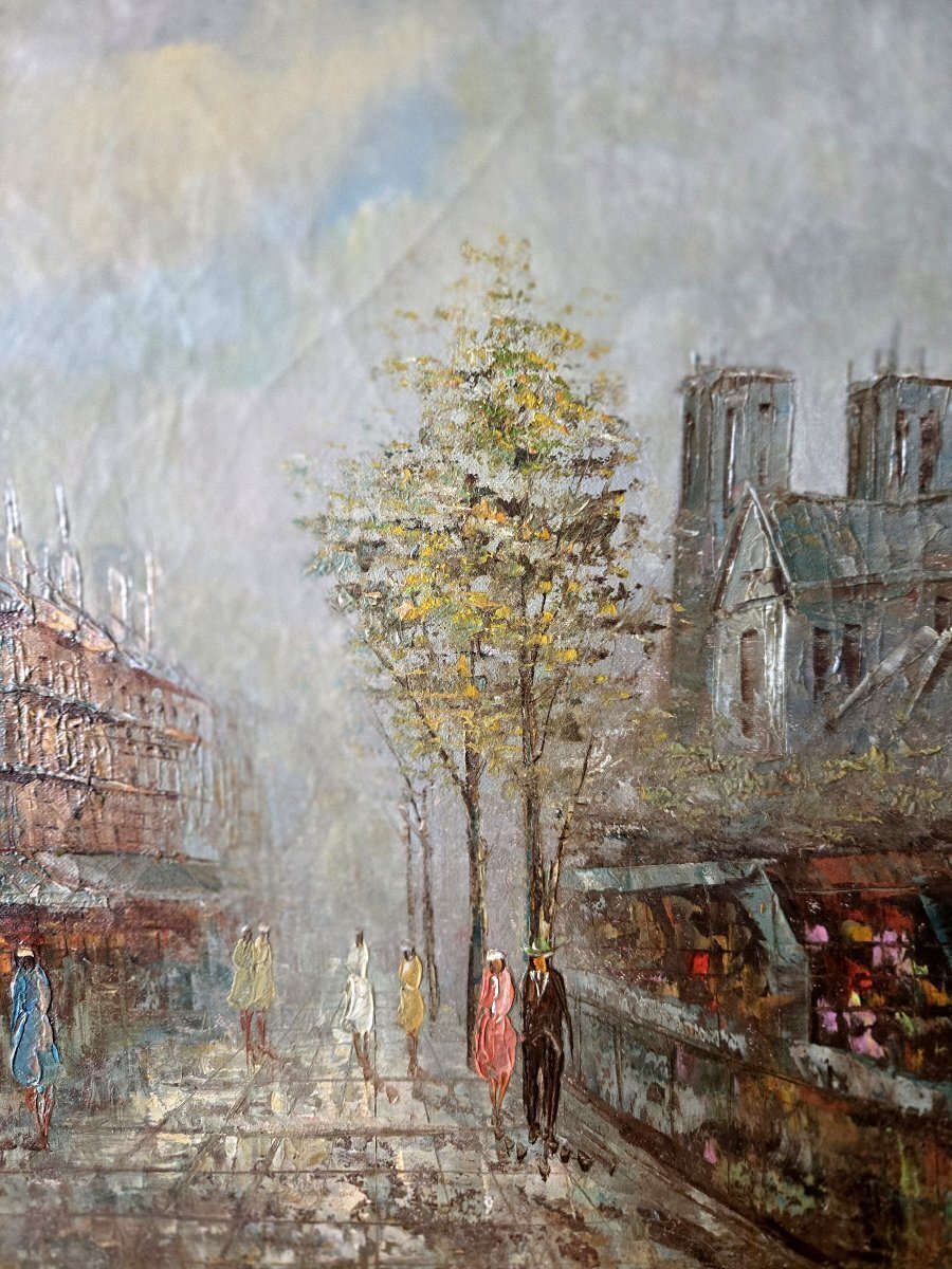 Charming oil on canvas depicting a lively urban scene in a modern figurative style - JAA