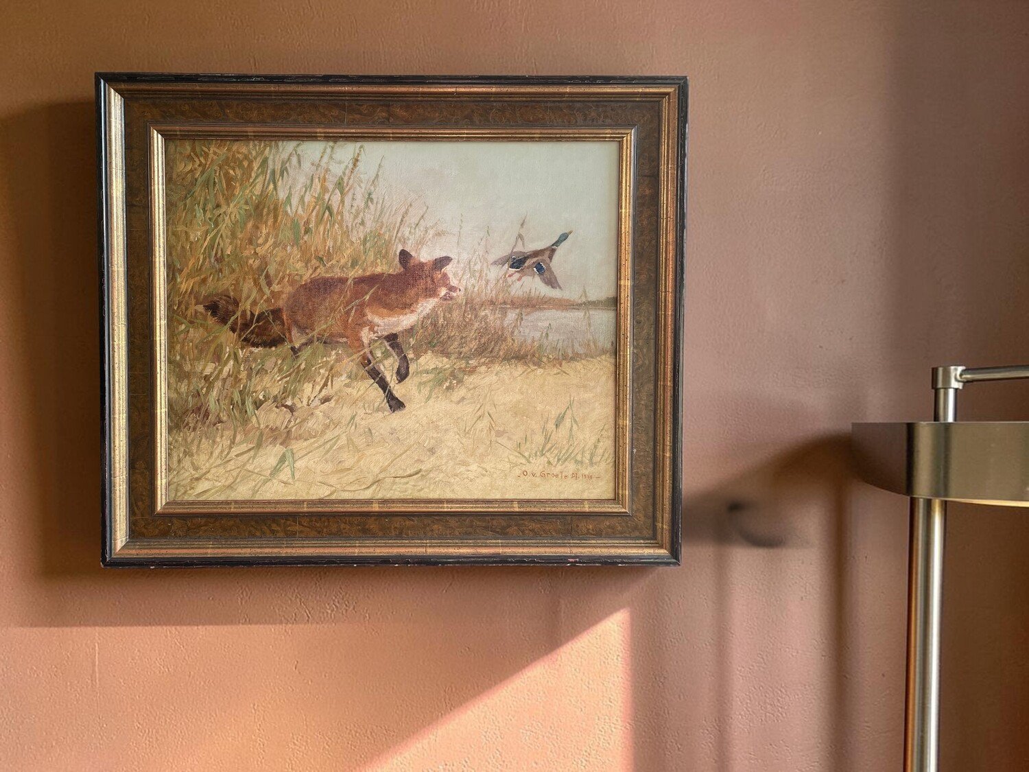Painting with Fox and Mallard By Otto Von Groote, oil on canvas - JAA