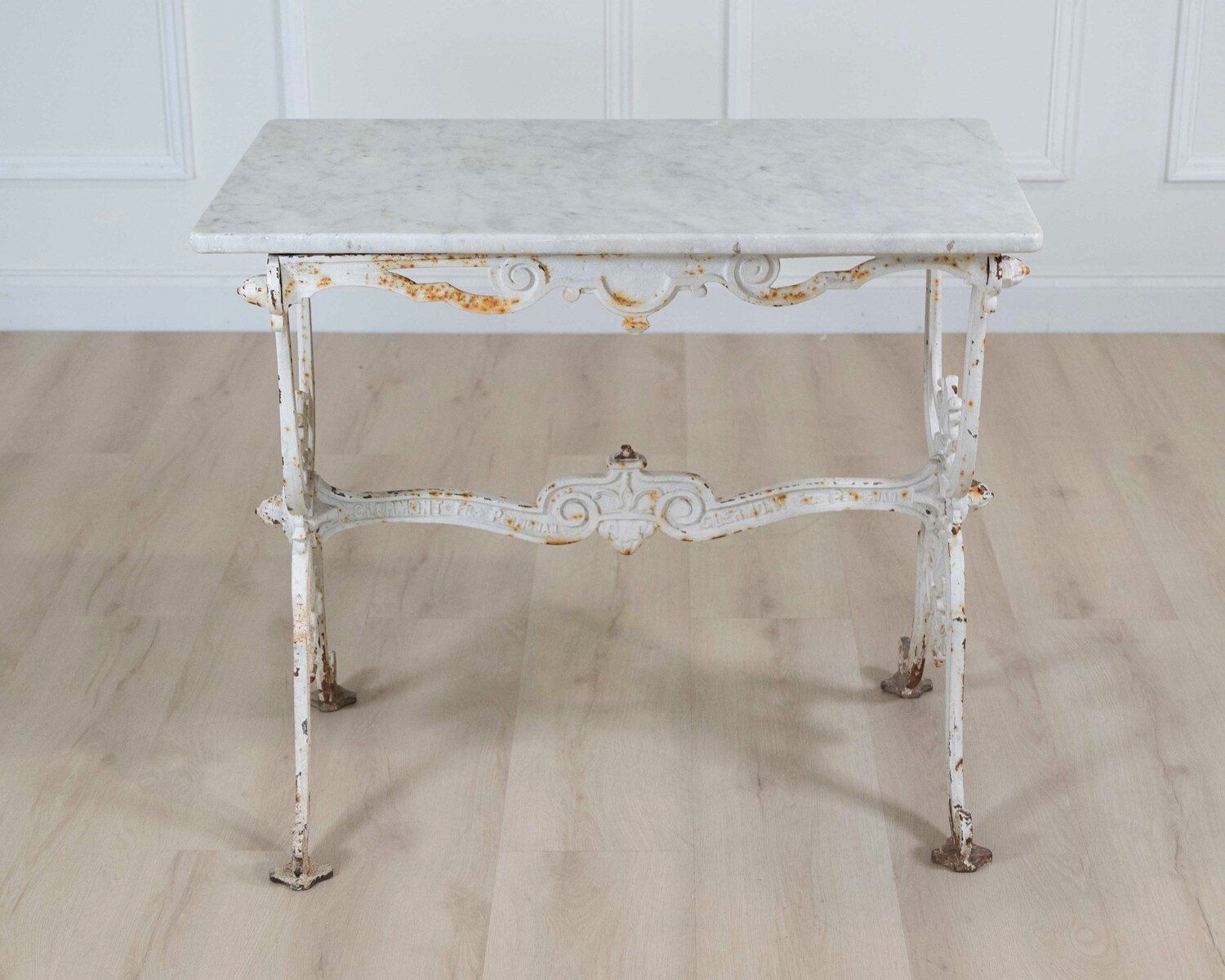 Antique French Iron Garden Table with Marble Top from Clermont-Ferrand - JAA