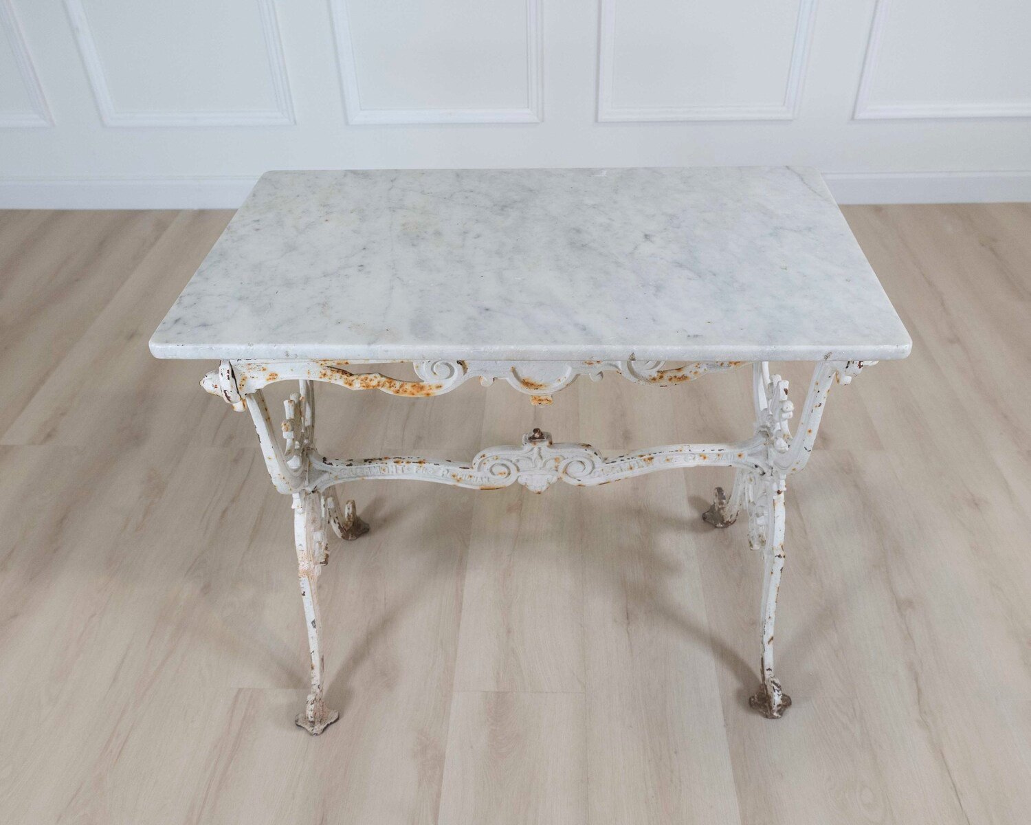 Antique French Iron Garden Table with Marble Top from Clermont-Ferrand - JAA