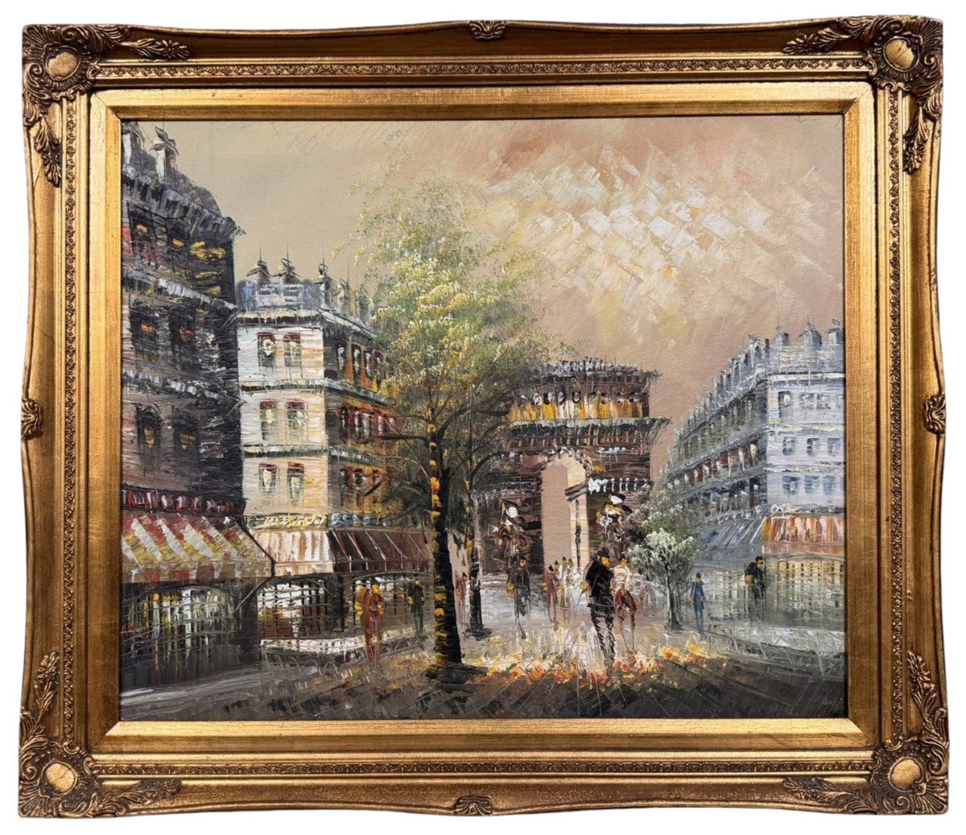 Antique Painting – View of Paris, Arc de Triomphe – Framed Oil on Canvas.