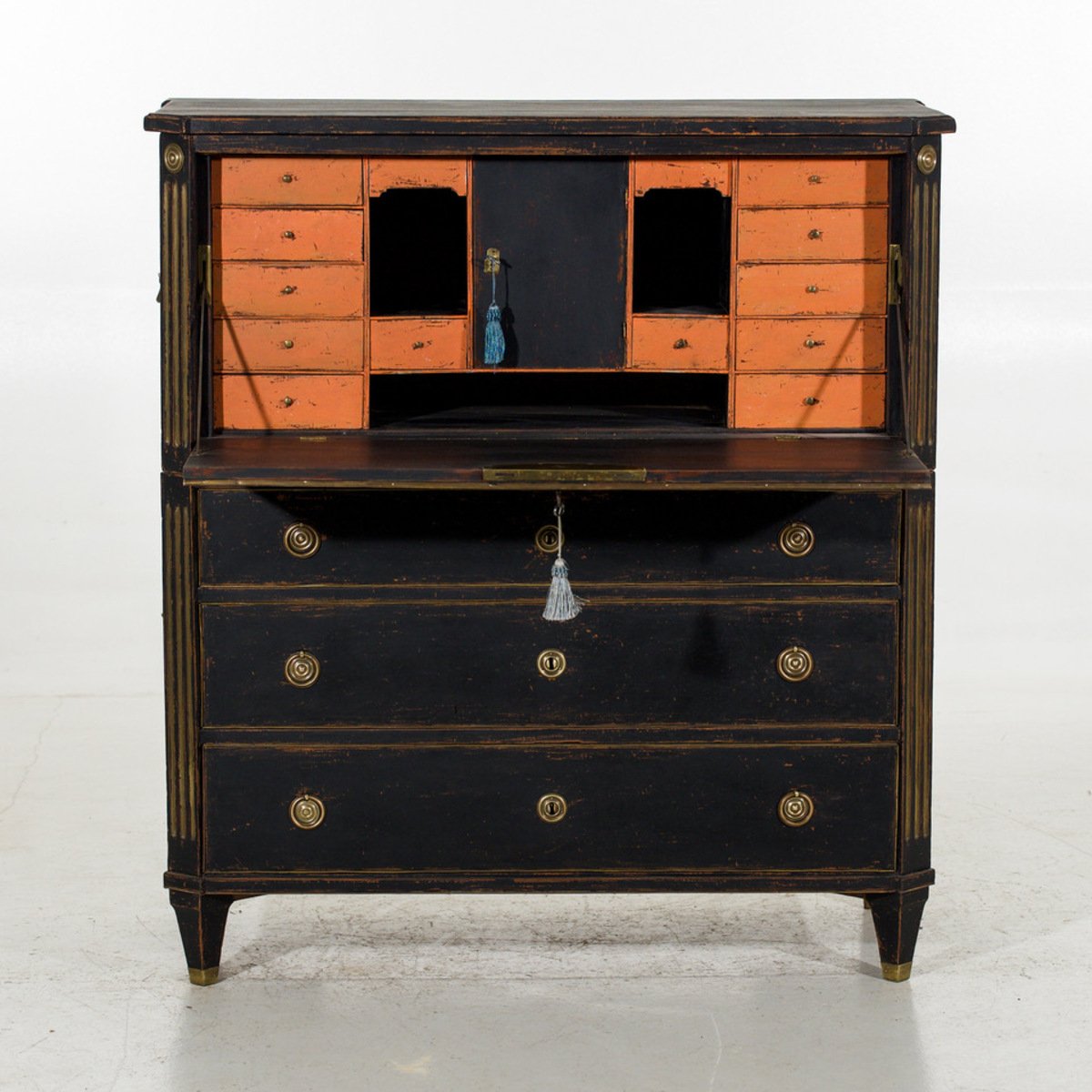 Black Swedish two-part sideboard, with bronze hardware, 19th Century. - JAA